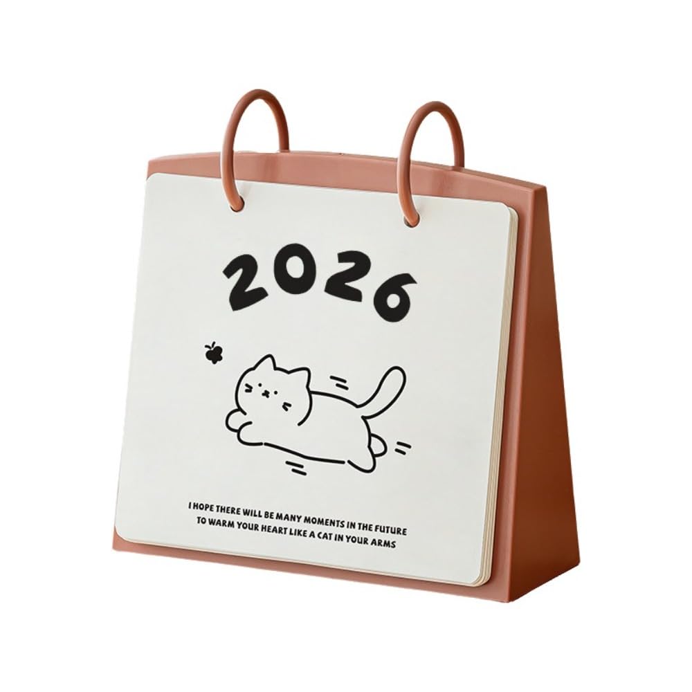 Kalendarz 2026 Kreatywny plastikowy kalendarz biurkowy na rok 2026 z kreskówkowym wzorem kota, planer dzienny, stabilna podstawa, przenośny, stojący, z klapką, biurowy Kalendarz miesięczny 2026(Rot)