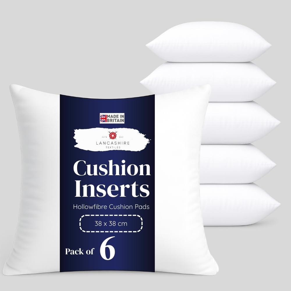 Lancashire Textiles Pack Of 6 6 Pack 15" X 15” (38 X 38Cm) Quality Microfibre Super Bounce Fibre Cushion Pads Made In Britain With Cotton Blend Casing & Our Luxury Hollowfibre Filling