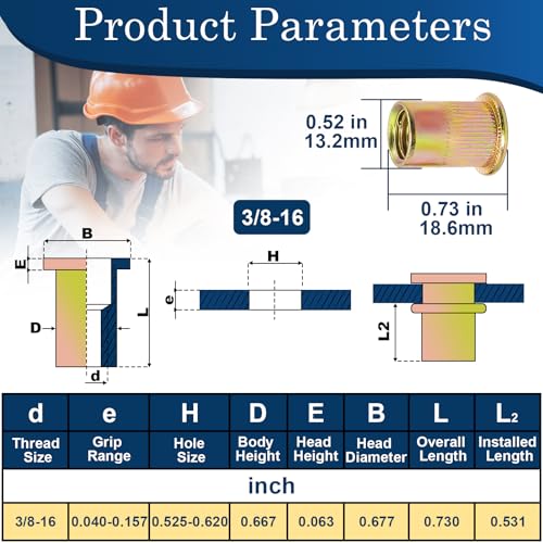 Image of 3 /8''-16 UNC Rivet Nut, 50Pcs Zinc Plated Finish Carbon Steel Flat Head Threaded Insert Nutsert Kit
