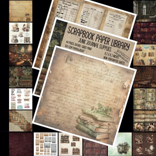 Scrapbook Paper Library Junk Journal Supplies: 44 Double-Sided Pages, Watercolor Designs in Various Sizes, Vintage Library Cards, Ephemera, Quotes, and Handwritten Script for Mixed Media Art Collages. image 2