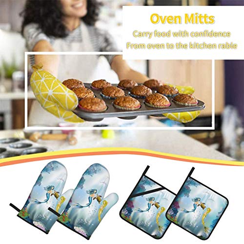 4-Piece Set Oven Mitts And Potholders, Marine Mermaid Sea Turtle Dolphin Coral Reef Fish Baking Glove And Pot Holder For Cooking Bbq #TOP4