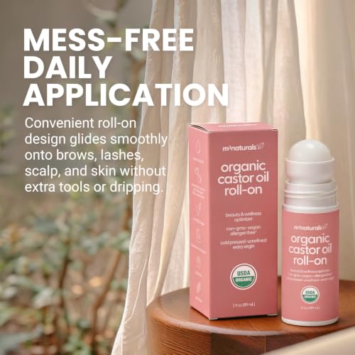 Image of Organic Cold Pressed Castor Oil Roll-On, USDA Organic, 3 fl oz by M3 | Moisturizing Care for Hair, Skin & Brows, Nourishes Dry Hair & Scalp, Hexane-Free, Non-GMO, Mess-Free Applicator