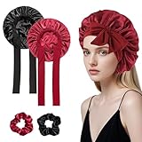 2 Stück Seidenhaube, Schlafhaube Seide, Verstellbar Satin Haarhaube, Silk Bonnet Sleep Cap, Damen Mädchen Atmungsaktive Schlafkappe Duschhauben, mit 2 Stück Satin Haargummis,für Verschiedene Haartypen