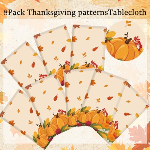 Image of 8 Pack Thanksgiving Tablecloth Plastic, Fall Table Cloths, Disposable Rectangle Pumpkin Maple Leaves Autumn Tablecloth Decor Table Cover for Autumn Fall Thanksgiving Home Party Decorations, 54 inchx108 inch