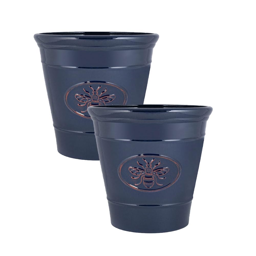 shopior Metallic Effect Olive Plastic Planter for Gardening – Outdoor & Indoor Flowers Pot with Glossy Finish Weatherproof Garden Windowsills with Drainage Holes – (Blue Bee Planter, 23cm - Pack 2)