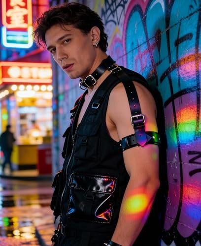 Herren PU Leder Schultergurt mit Halsband – verstellbares schwarzes Gurt Top mit Armband Zubehör für Punk Mode, Festivals, Cosplay & Bühne Outfits (Halsband 34,0–46,0 cm) – Bild 3