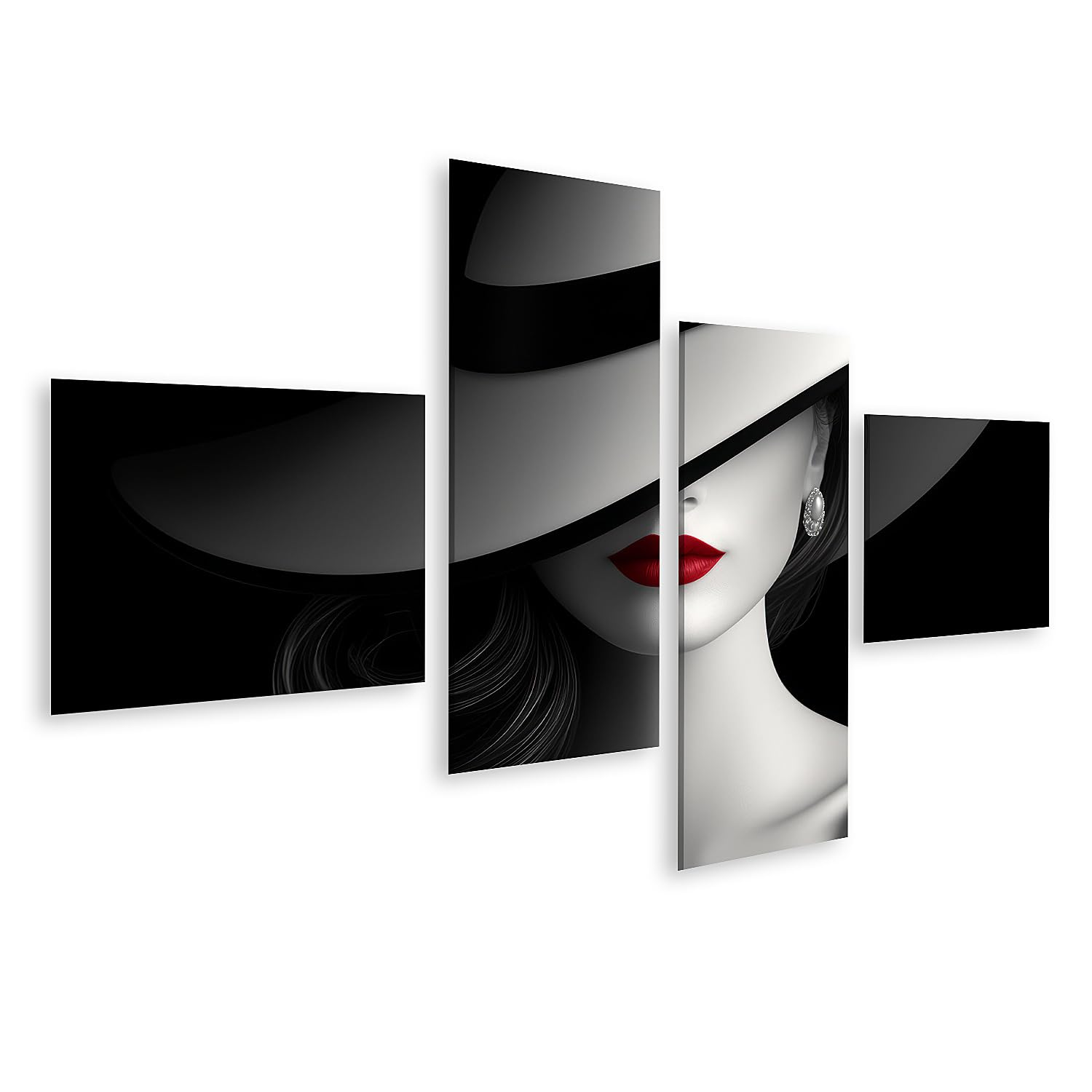 islandburner Tableau sur toile femme avec rouge à lèvres rouge et grand chapeau noir et blanc
