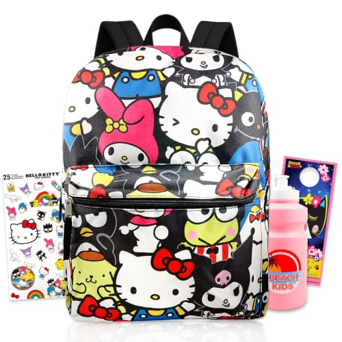 Mochila Escolar Hello Kitty - 40 cm com Bolso Frontal, Adesivos, Garrafa de Água e Mais para Meninas
