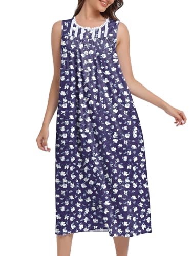 FMIRREO Cotton Nightgowns for Women Sleeveless Tank Night Gown Soft House Dress Ladies Long Nightdress Royal Blue White Flowers Large - image 3