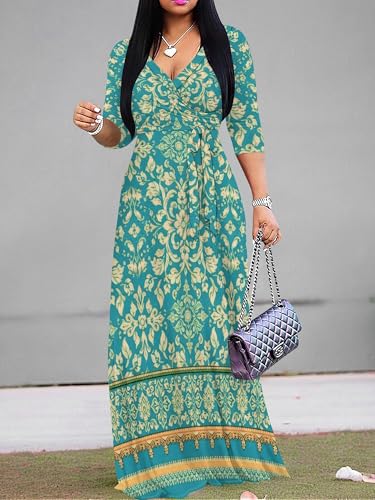 Image of Women's V Neck Floral Maxi Dress 3 /4 Sleeve Plus Size Boho Wrap Flowy Long Dresses with Belt
