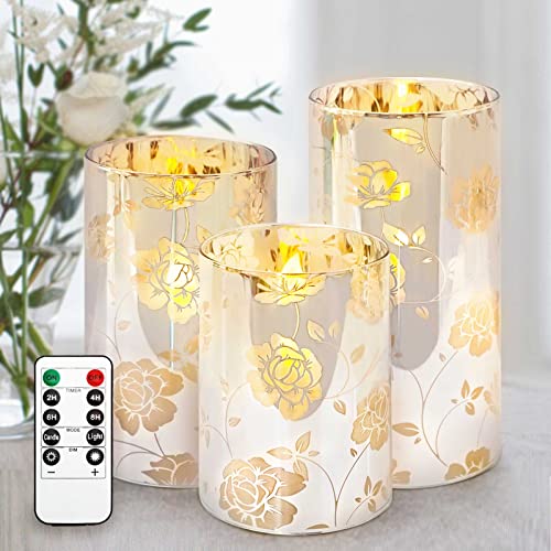 Immeiscent Spring Flameless Candles,Rose Flower Electroplate Glass Candle, Battery Candle With Timer &Remote,Realistic Pillar Candle For Spring,Summer,Home Décor,Set Of 3 (D 3” Xh 4” 5” 6”) #TOP13