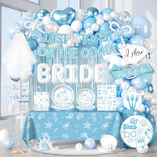 300pcs Last Toast on The Coast Bachelorette Decorations-Serves 25 All-in-one Beach Bachelorette Party Decorations With 350gsm Plate Tablecloth Balloons Banner Foil Curtain Backdrop Sash Veil