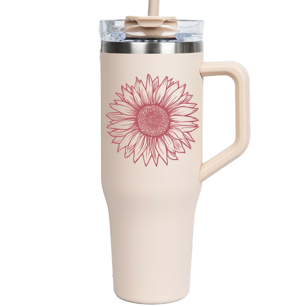 KLUBISunflower Gifts for Women – Large 40oz Tumbler with Handle and Straw Pink Tumbler Cups Sunflower Cup, Gifts for Sunflower Lovers, Sunflower Water Bottle, Mothers Day Gifts for Mom From Daughter