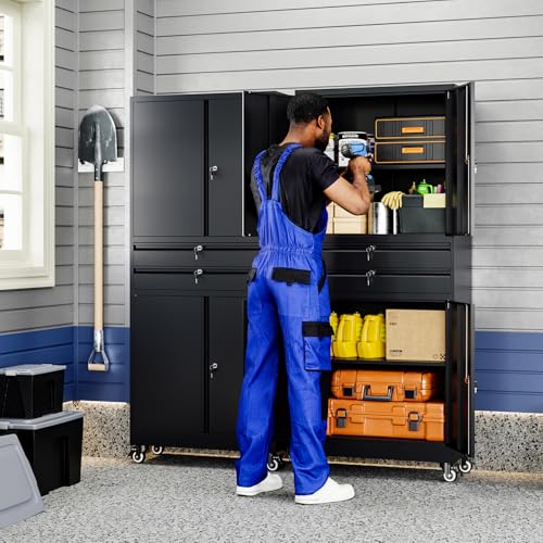 Image of Yizosh Metal Garage Storage Cabinet with Locking Doors and Adjustable Shelves, 74 inch Rolling Tool Storage Cabinet with 4 Wheels and 2 Drawer for Garage,Warehouse