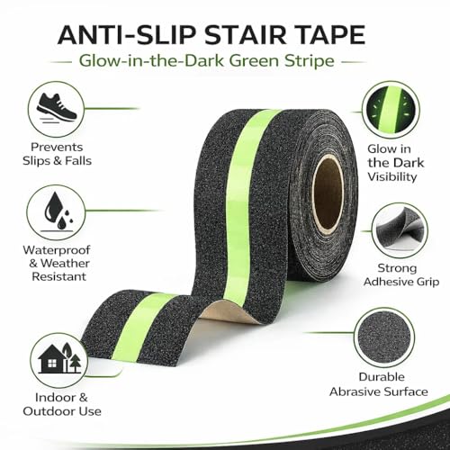 Image of YORWE Anti Slip Stair Tape with Glow in the Dark Strip - Heavy Duty Waterproof Non Slip Traction Tape for Stairs, Steps, Outdoor & Indoor Safety (Green, 5 Meter)