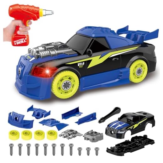 Pup Go Tomar Aparte Coche Deportivo de Carreras para Niños de 3+ Años, Juguete 26 Piezas con Taladro Eléctrico, LED y Sonido Realistas, Construir Su Propio Coche, Mejores Regalos para Niños (Azul)