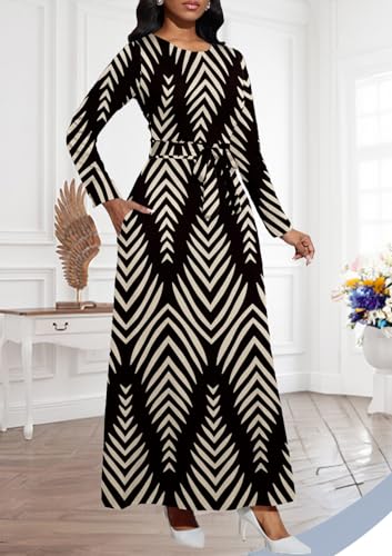 Image of BubFee Long Dress for Women Casual Long Sleeve Dresses Maxi Dress Empire Waist Loose with Belt