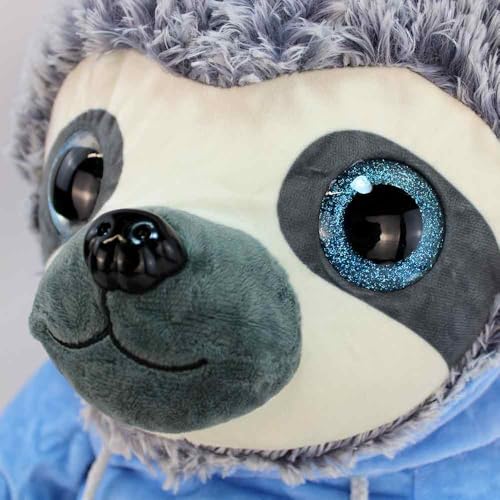 BEMIRO Faultier Kuscheltier XXL – 80 cm, Füllung aus 100% recyceltem Material, mit Hoodie, glitzernde Augen, kuschelig weich (Blau)