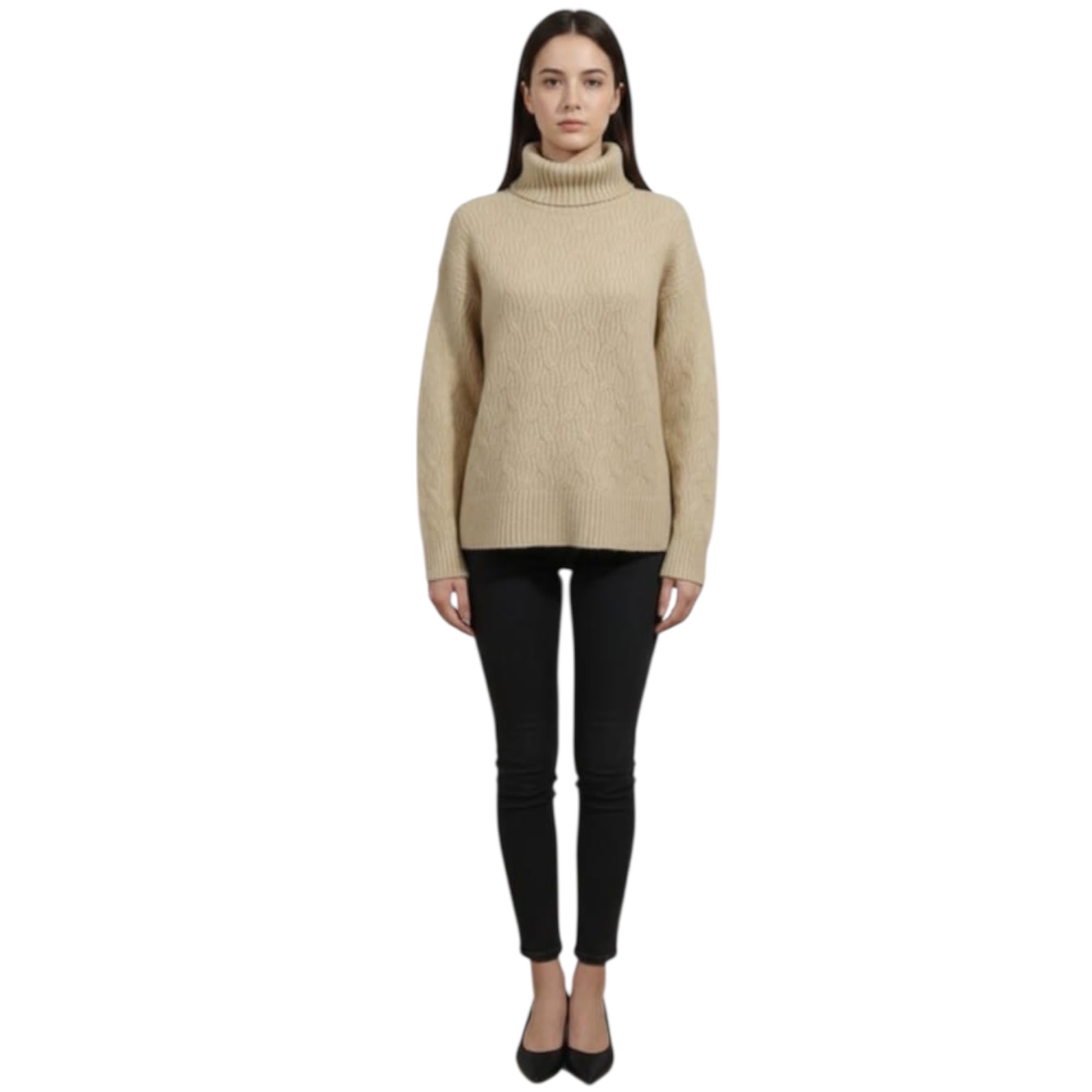 Women's Beige Cable Knit Turtleneck Sweater Long Sleeve Winter Pullover XL-image-18