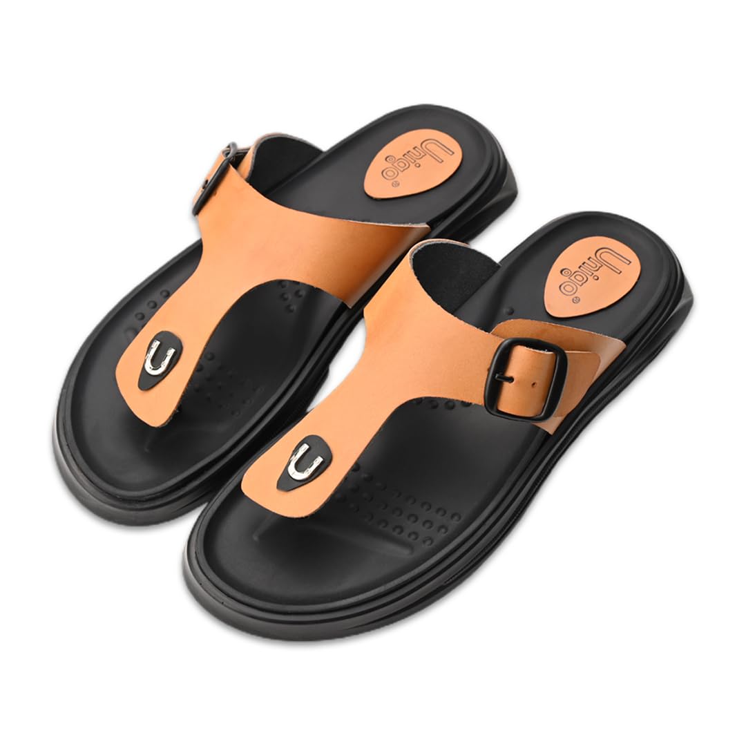 Unigo Stylish Chappal For Men | Lightweight and Comfortable Slippers for Men | Vegan Leather Chappal, Flip Flops For Everyday Wear | Soft & Durable Footwear | Mens Casual Sleeper | Size-6,Comforto,Tan (B0CVM26BX6) Amazon Price History, Amazon Price Tracker