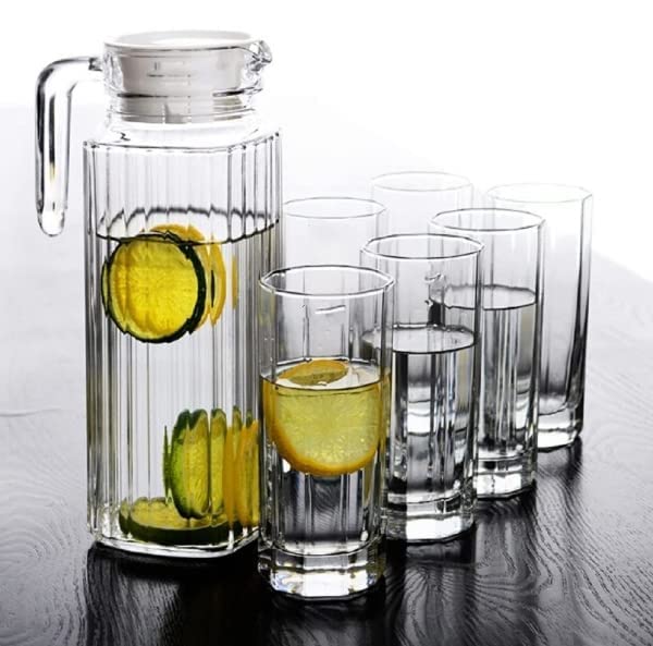Image of VILON Italian Premium Premium Elegant Glass Lemon Set of 7 Pcs1 Glass Jug (1300 ML) with 6 Glasses (300 ML) (Lighten)