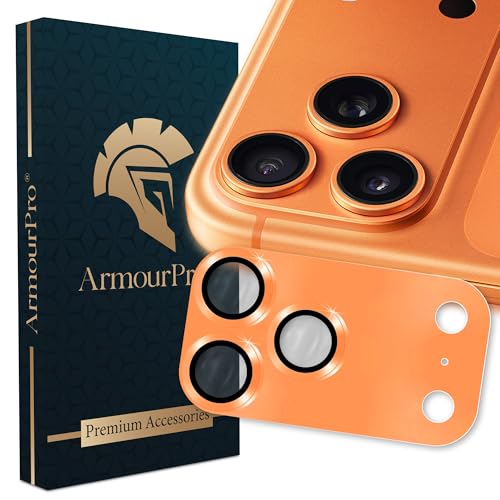 Image of ArmourPro Camera Lens Protector for iPhone 17 Pro Max 6.9-Inch, Full Coverage 9H Tempered Glass Ring Cover, Matte Metal Plate, Case Friendly | Orange, Pack of 1