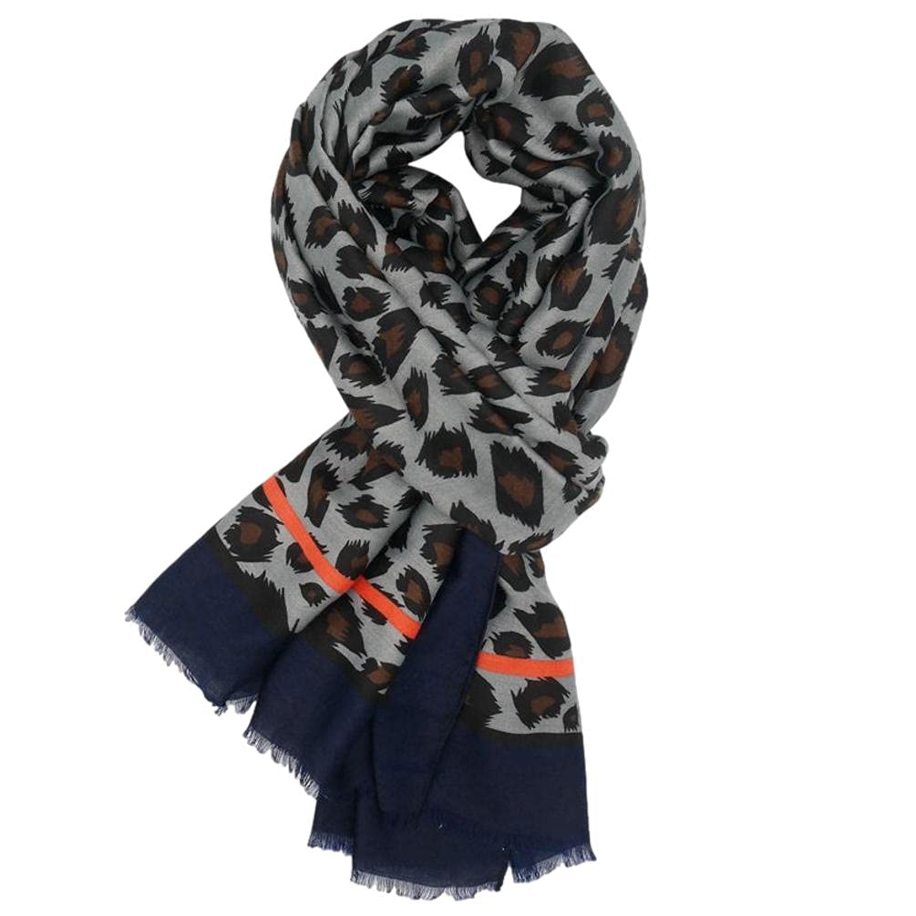 Purple Possum Women's Grey, Blue, Navy, Navy Blue, Orange Purple Possum® Leopard Print Scarf Grey Navy Blue Animal Print Orange Stripes Wrap Large Shawl