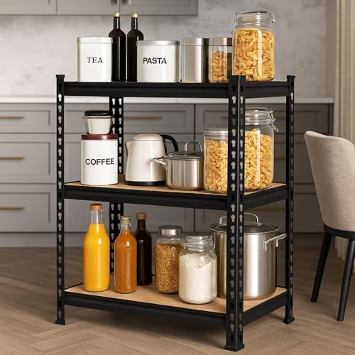 Image of JD FRESH 3-Shelf Boltless Metal Rack for Storage /30x24x12 Inch Adjustable Standing Shelf with MDF Wooden Plank /175kg Load Per Shelf Storage Rack /Utility Display Rack for Kitchen /Garage (Black)