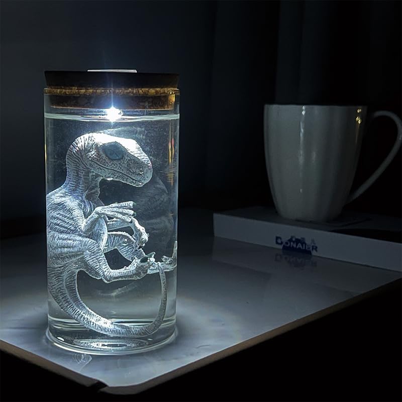 Dinosaur Specimen Jar Night Light, Realistic Raptor Figurine in Glass Bottle, LED Decor for Home/Desk (Velociraptor)