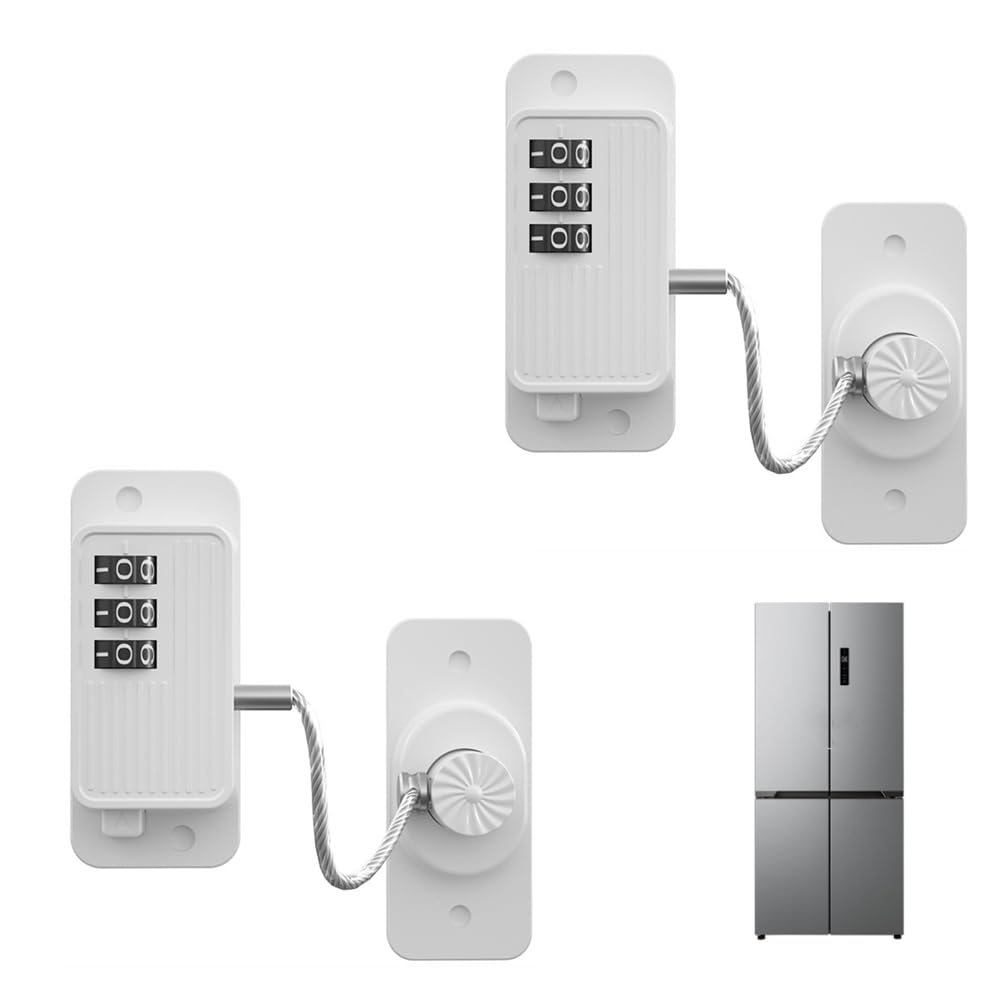 2 Pcs Refrigerator Lock with Password, Adhesive Home Security Lock Petproof Window Restrictor for Kitchen Cabinets Drawers Closets Freezer (White)