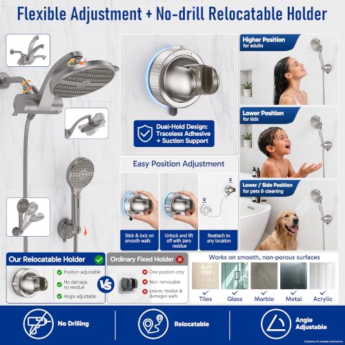 Image of Veken Nickel Filtered Shower Head with Handheld, Multi-pattern Shower Heads | 8-mode Rain Showerhead with Filter,9-mode Hand Held Shower Filter Head, High Pressure Jet Spray, No-drill Holder