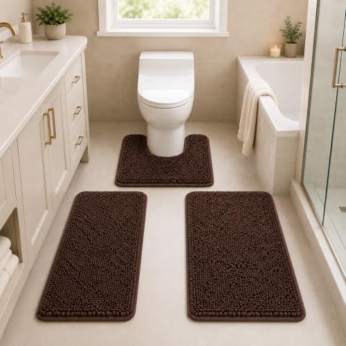 Bath Rug Set 3 Piece Luxury Chenille Extra Soft and Absorbent Shaggy Bathroom Mat Rugs, Machine Washable, Non-Slip Plush Carpet Runner for Tub, Shower, (Brown) Home Decor Bathroom Accessories