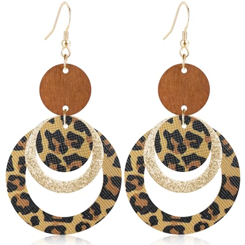 Handmade Bohemian PU Geometry Circle Dangle Drop Earrings Lightweight Nature Wooden Disc Leopard Print Hook Earrings For Women