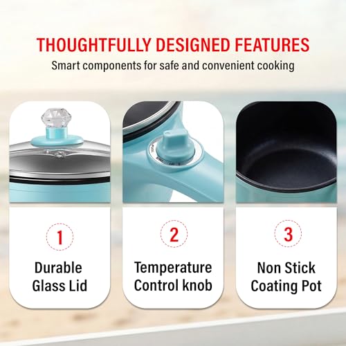 Image of Hilton Electric Pan Upgraded, Non-Stick Saute Pan, 1L Mini Electric Pot for Maggie, Cheese, Stir Fry, Roast, Steam with Power Adjustment, Perfect for Rice, Ramen, Steak, Egg Travell (Blue)