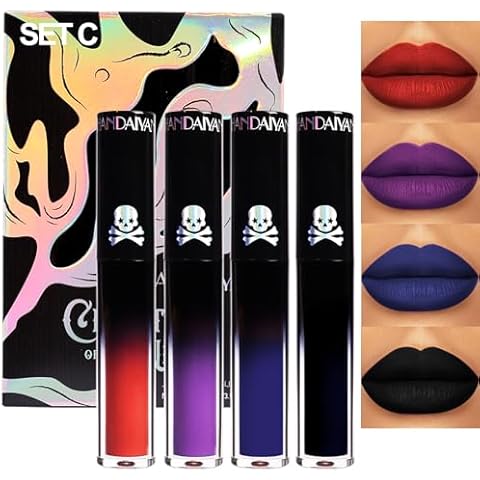 4Pcs Dark Red Purple Blue Black Matte Liquid Lipstick Sets,Matte Lipstick Lip Stain Long Lasting 24 Waterproof Lip Gloss Gift Set Matt Liquid Makeup Lipstick for Women Halloween Party Cosplay(Set C) Cover
