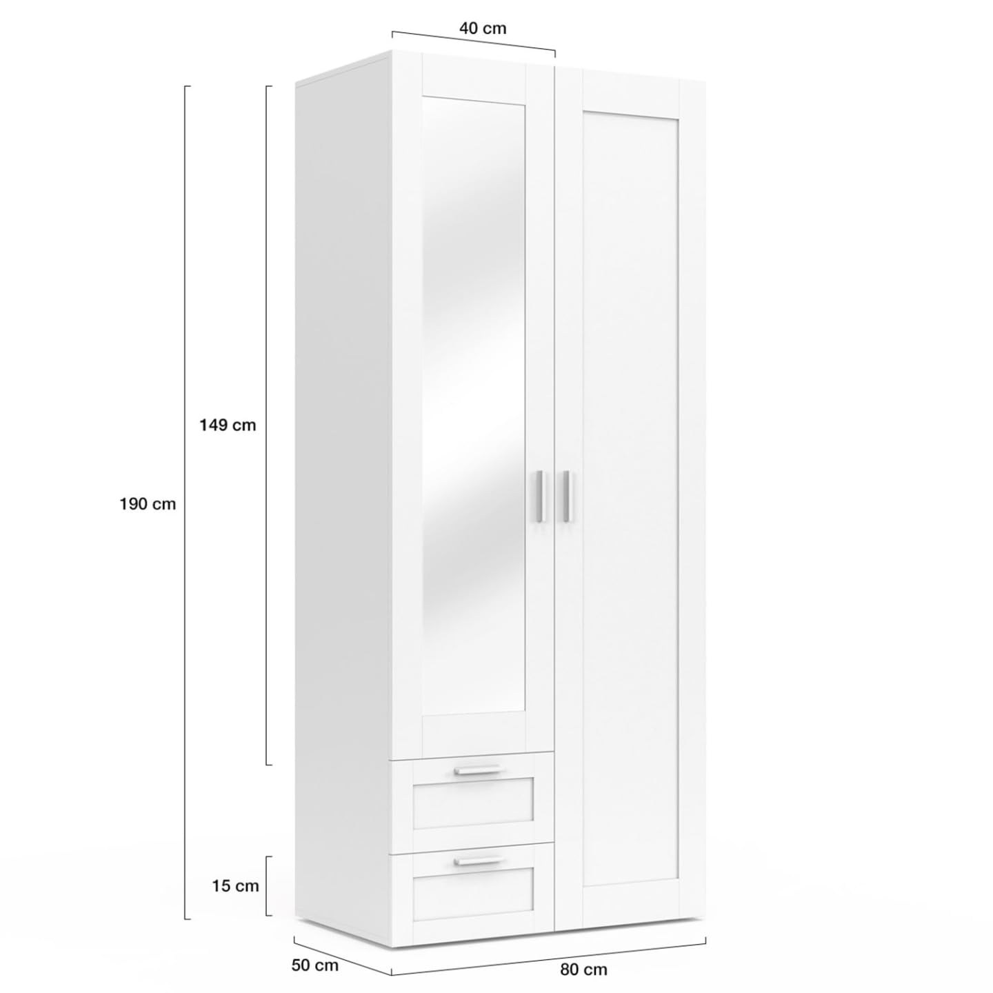 IDMarket - Armario de 2 puertas VITO blanco 80 cm con 2 cajones, espejo y estantes