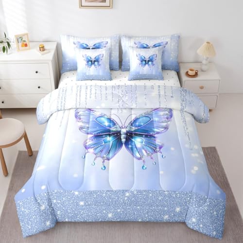 Image of Feelyou Butterfly Comforter Set with Sheets 7 Piece King Size Dreamy Princess Bedding Set for Kids Boys Girls Glitter Bed in a Bag Watercolor Butterflies Room Decor Soft Lightweight Microfiber