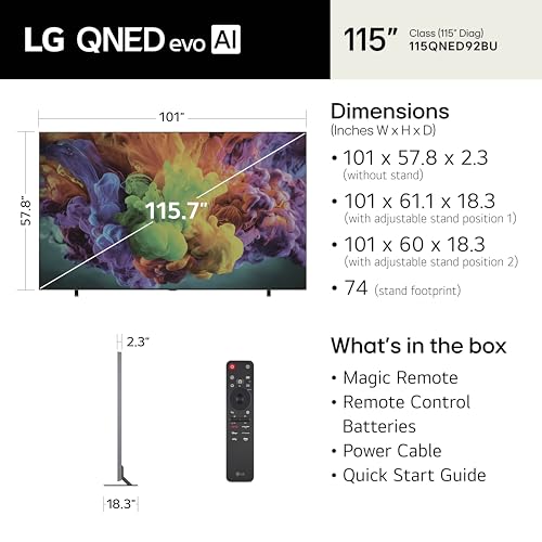 Image of LG 115-Inch Class QNED evo AI QNED92B Series Mini LED 4K Smart TV w /Dolby Atmos, Dolby Vision, HDR10, AI Super Upscaling 4K, Filmmaker Mode, Wow Orchestra, Compatible with Alexa (115QNED92BU, 2026)