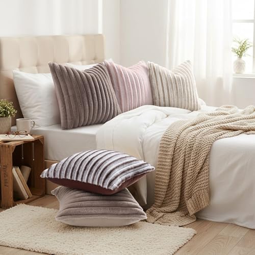 Image of decorUhome Fall Cozy Faux Fur Throw Pillow Covers 18x18 Set of 2 Decorative Soft Plush Striped Modern Farmhouse Boho Couch Pillow Cases with Velvet Back for Sofa Bed Living Room, Light Coffee