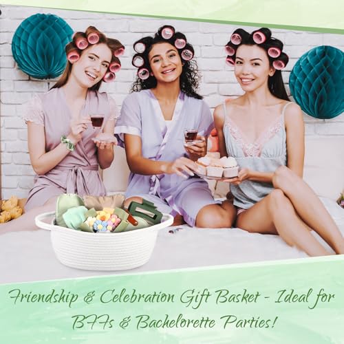 Kacctyen Sage Green Gift Basket for Women Include Woven Basket Makeup Bag Sleep Mask Jewelry Box Hair Bow Crochet Flower and More Self Care Birthday Gift Box for Mom Wife Friends Sister Coworker4