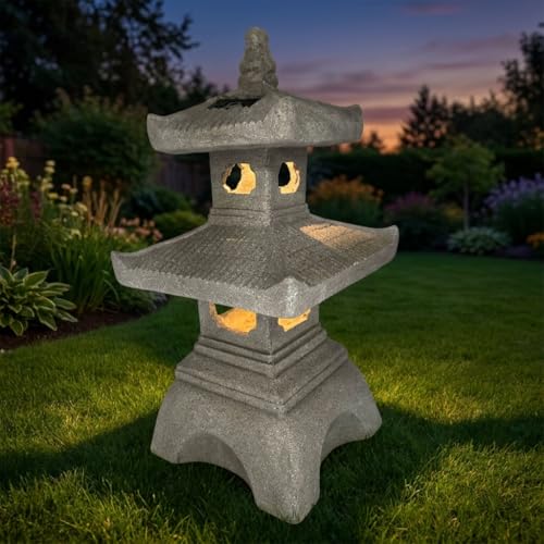 Galt International 2 Tier Pagoda Garden Statue LED Solar Powered Light 26' Tall Outdoor Zen Garden...