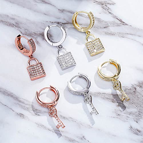 TOPGRILLZ Iced Out Dangle Hoop Earrings 14K Golden Plated 5A+ Cubic Zirconia Star Pin Lock Key Cartilage Hoop Dangle Drop Earrings For Men Women3