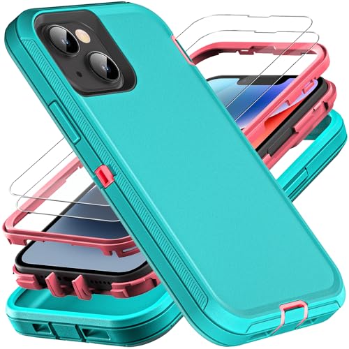 YKHJKLEC for iPhone 13 Case/iPhone 14 Case, Military Grade 3 in 1 Heavy Duty Shockproof/Drop Proof/Dust Proof Case with 2Pcs Tempered Glass Screen Protector (Aqua Blue/Pink)