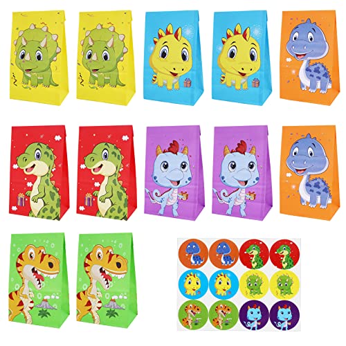 12 Pack Dinosaur Party Favor Bags Goodie Bags for Kids Birthday Party, Dino Goodie Candy Treat Bags Dinosaur Party Gift Bags for Boys Girls Dinosaur Theme Party Favor Supplies Bags (9.5 X 5 Inches)