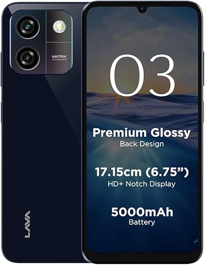 Lava O3 (Glossy Blue, 3 GB RAM, 64 GB Storage) | Biggest 6.75″ HD+ Display | 13MP AI Dual Rear Camera | 5000 mAh Battery | Secure Face Unlock |…