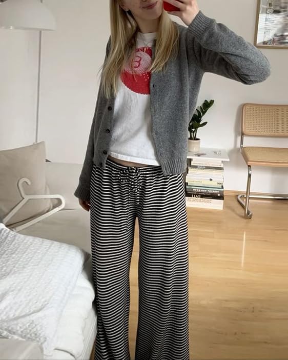 Womens Comfy Pajama Pants Striped Low Waisted Lounge Pants Elastic Waist Drawstring Long Trousers - Image 5