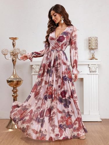 Image of TOLEEN Summer Casual Dresses for Women 2024 Spring Fashion Boho V Neck Long Sleeve Ruffle Floral Print Elegant Maxi Dress