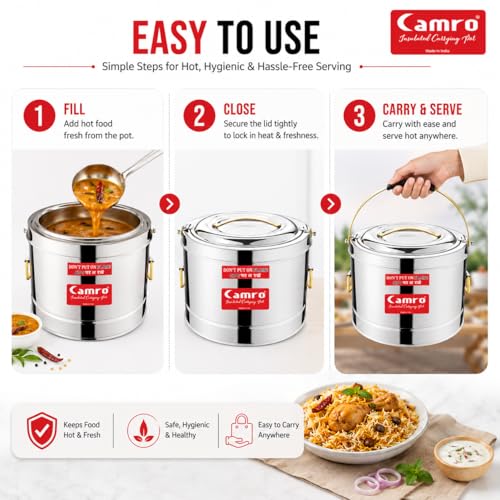 Image of Camro Sambar Pot Stainless Steel 5 Liters | Sambar Pot with Lid | Casserole for Cooking | Canteen & Hotel Casserole Container | Picnic Hot | Biryani Box Puff Insulated Hot & Cold Serving