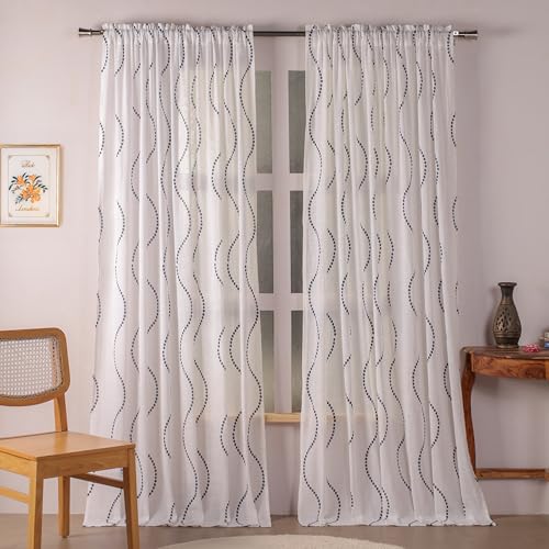 Image of HOMEMONDE Cotton Curtains for Window - Transparent Sun Light Filtering Sheer 5 Feet Curtain, Rod Pocket Top Style Pack of 2 - (Wave Blue, 60 Inch)