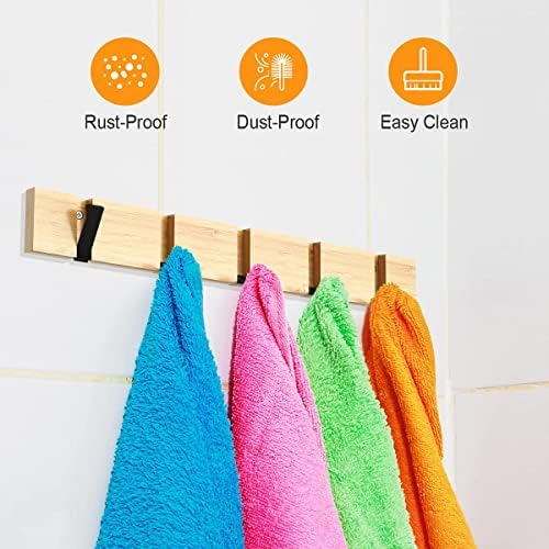GOGOCOOL Bamboo Wall Mounted Coat Hooks Hanger, 20Kg Maximum Hanging Weight, Black Foldable Hook Type, Natural Wall Coat Hanger, 70mm Space Between Hook and Hook(5 Hooks)